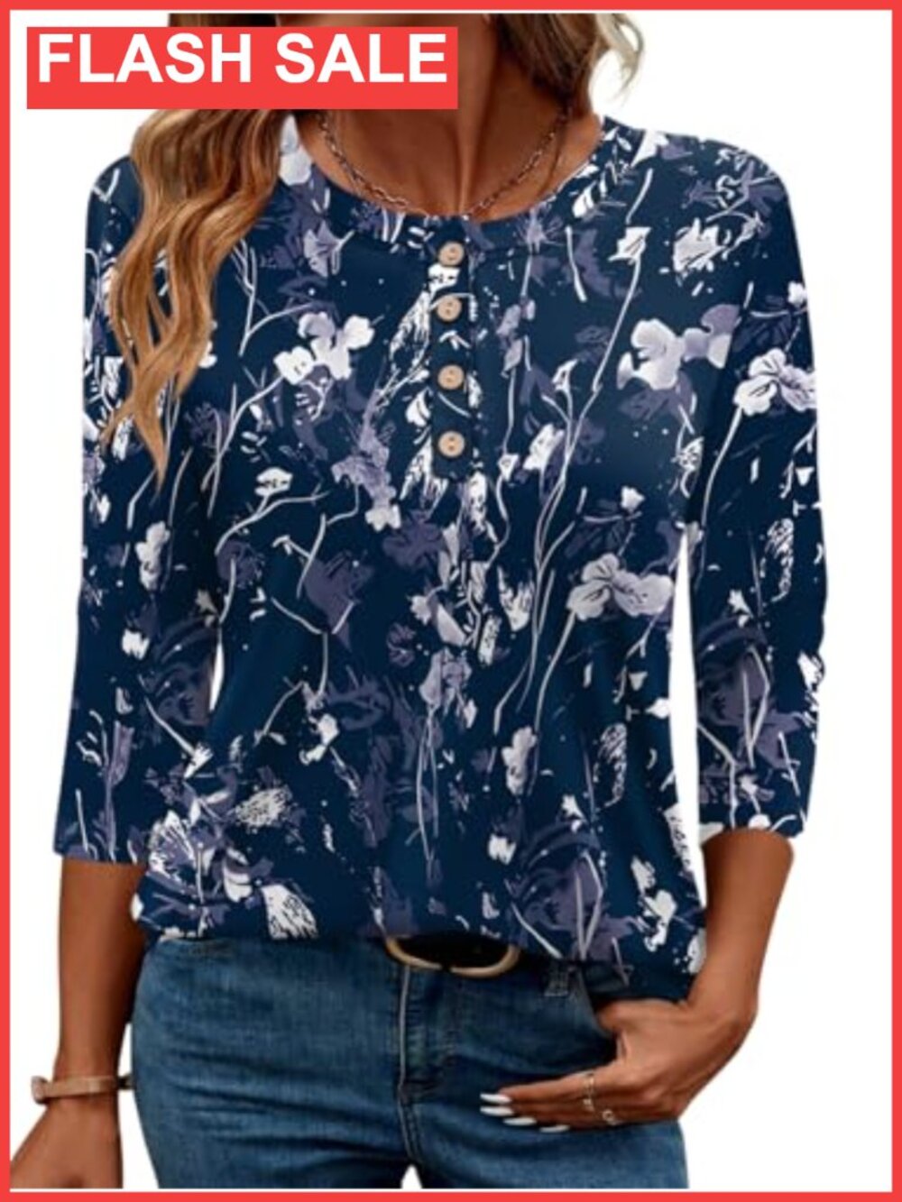 Women's 3/4 Sleeve Tunic Top Crewneck Button Knit Floral Casual T-Shirt